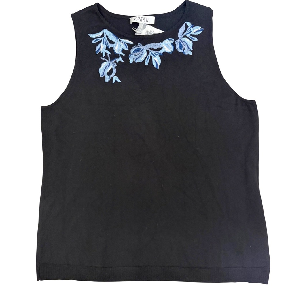 NEW Kasper Sleeveless Knit Tank Top 1X Black Floral Embroidered Office Career